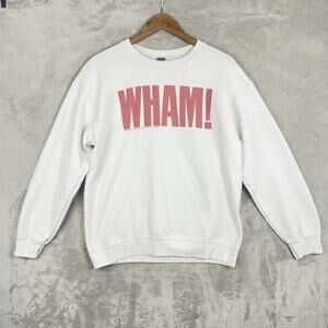 Wham! Gildan Heavy Blend Crew Neck White Sweatshirt Men's Medium 80s Band *flaws